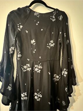 Free People Black Mini Dress with White Floral Embroidery A0053